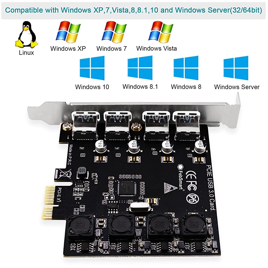 Verilux 4 Ports USB 3.0 HUB Super Fast 5Gbps PCI Express (PCIe) Expansion Card for Motherboard Windows Server, XP, 7, Vista, 8, 8.1, 10 PCs-Build in Self-Powered Technology-No Need Additional Power Supply