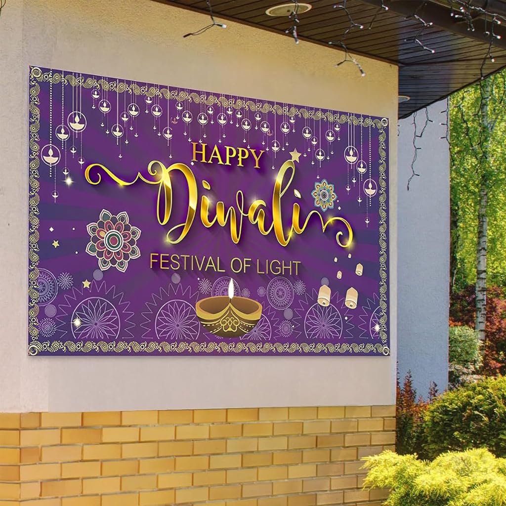 HASTHIP® Diwali Party Decorations, Happy Diwali Party Backdrop Lights Rangoli Lantern Photography Deepavali Banner Background for Home Indian Festival of Lights Party Decor Supplies, 70.8 x 43.3 in