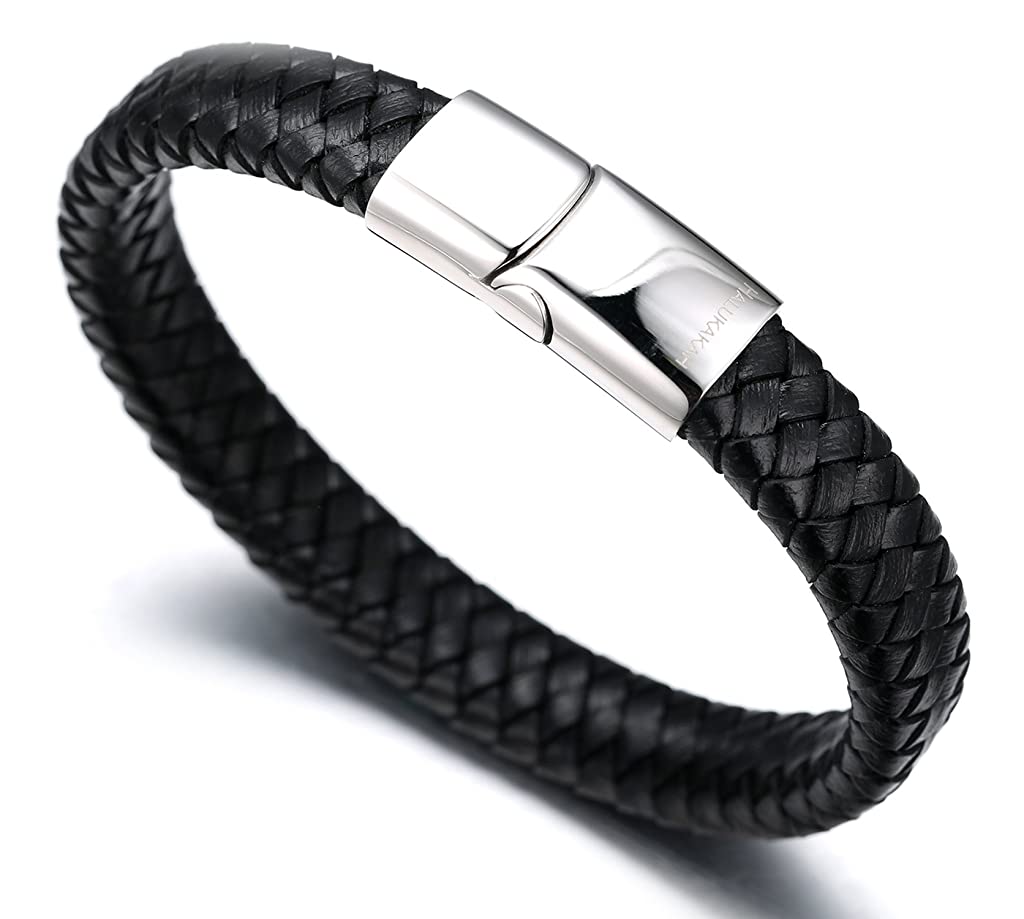 ZIBUYU Braided Leather Bracelet for Men Classic Leather Hoop Bracelet Leather Bracelet with Alloy Clasp Fashion Piece Bracelet for Women Men 8.46  Black Leather Hoop Bracelet