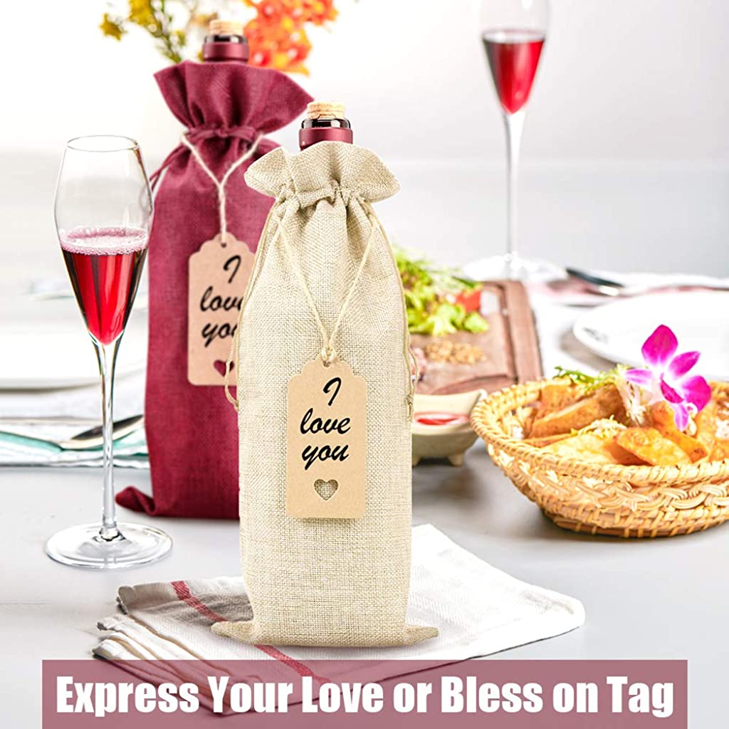 HASTHIP  12 Pcs Burlap Wine Bags Wine Gift Bags, 5.9 X 13.78 inches Wine Bottle Bags with Drawstrings, Tags & Ropes for Birthday, Travel, Holiday Party, Housewarming,Wedding, Home Storage