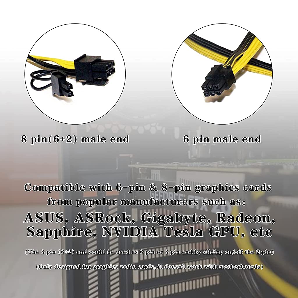 Eleboat® PCI-E 8 Pin Female to Dual 8 Pin (6+2) Male PCI Express 12.5 Inches (6 Pack)