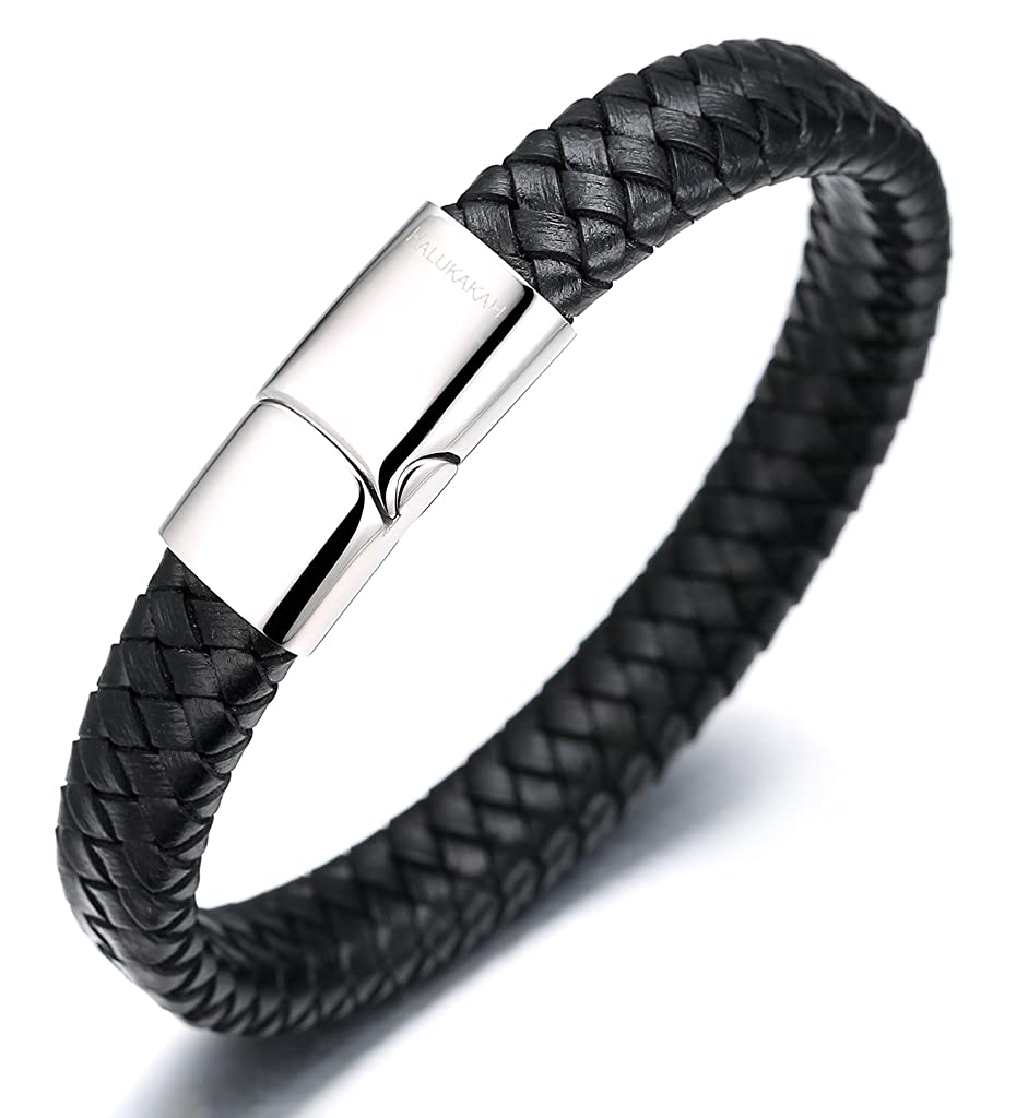 ZIBUYU Braided Leather Bracelet for Men Classic Leather Hoop Bracelet Leather Bracelet with Alloy Clasp Fashion Piece Bracelet for Women Men 8.46  Black Leather Hoop Bracelet