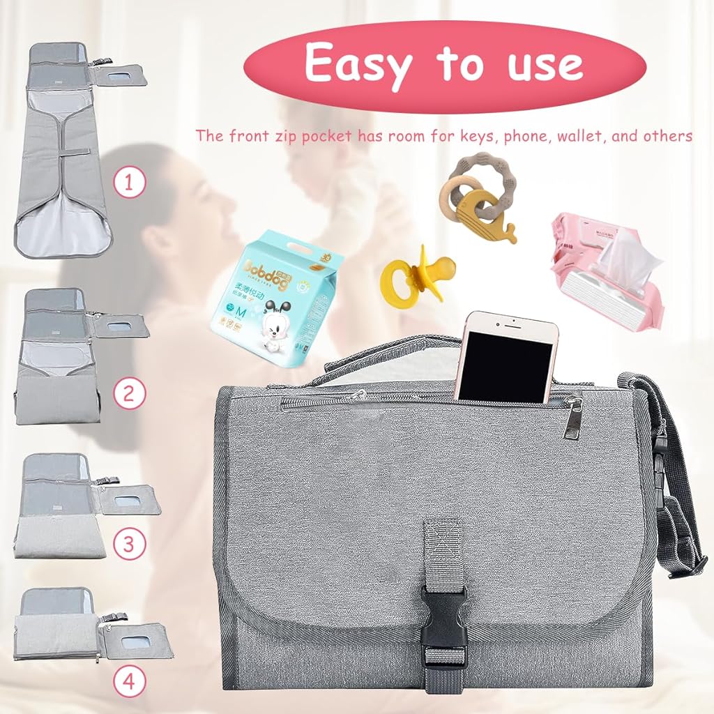 SNOWIE SOFT® Portable Diaper Changing Mats for Baby Waterproof 2 in 1 Diaper Changing Mat & Insulated Bag Essentials for Newborn Baby Diaper Bag with Detachable Shoulder Strap & Storage Pockets, Grey