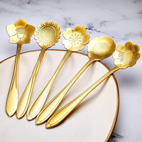 HASTHIP 8 Pieces Flower Spoon Coffee Teaspoon Set, 410 Stainless Steel Tableware, Reusable Sugar Spoon Tea Spoon Stir Bar Spoon Stirring Spoon, 8 Different Patterns (Golden)