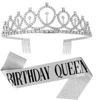 SANNIDHI  Birthday Queen Rhinestone Birthday Crown Tiara and Birthday Sash for Girls Women Birthday Party (Silver)