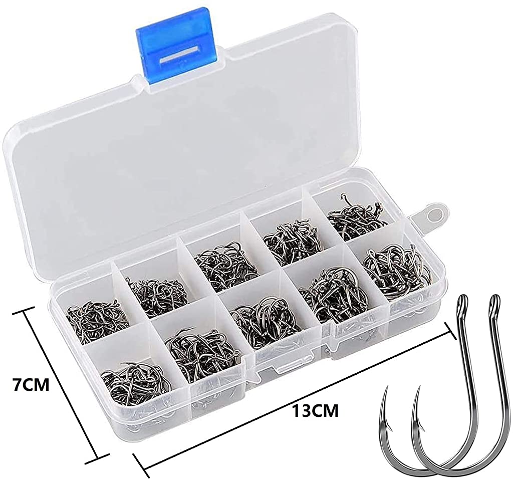 Proberos  500pcs High Carbon Steel Fishing Hooks with Plastic Box, 10 Sizes Fish Hook with Barbs for Freshwater/Seawater, 3# - 12#(50pcs/ Size)