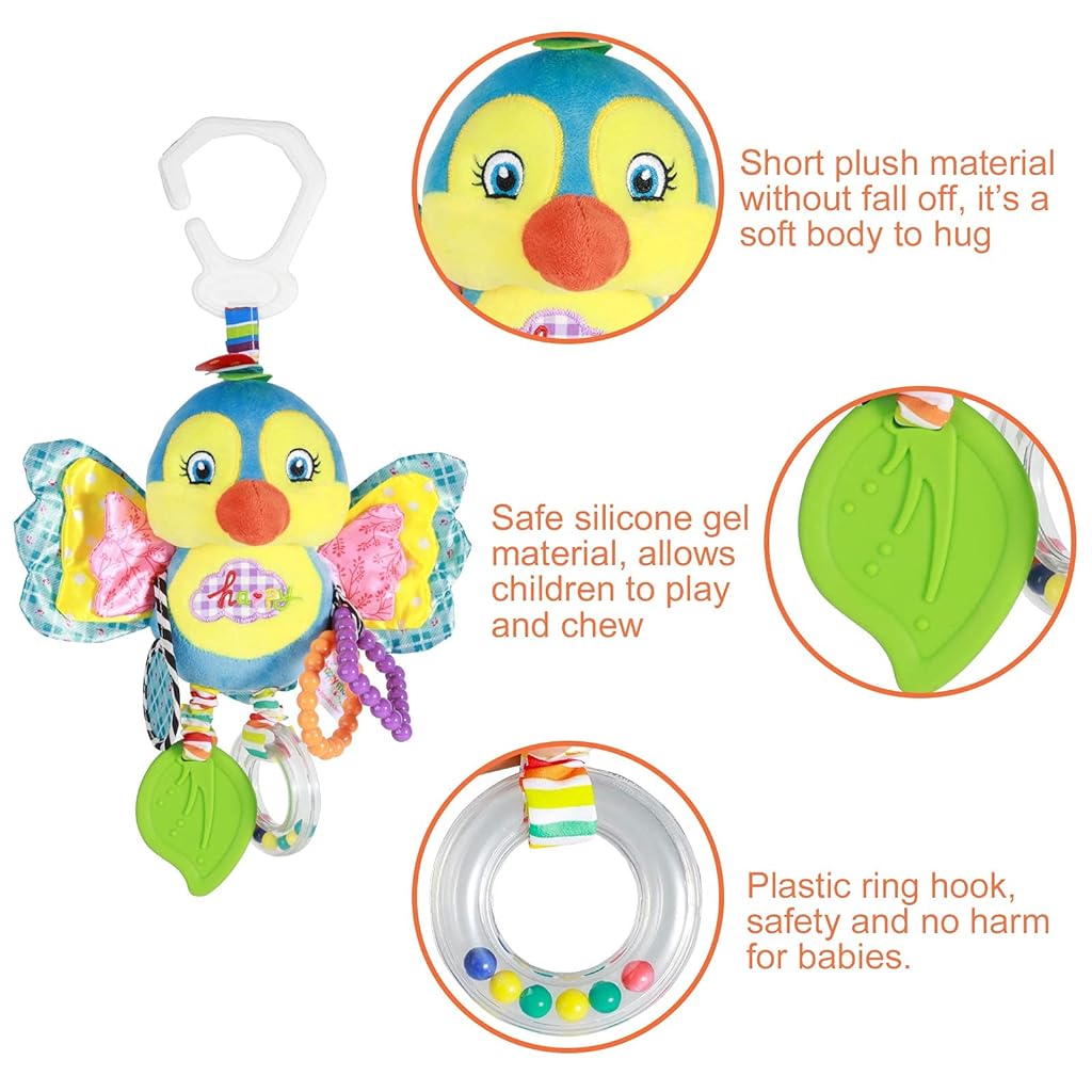 SNOWIE SOFT® Baby Soft Hanging Rattle Crinkle Squeaky Toy Car Seat Stroller Toys with Teethers Plush Animal C-Clip Ring for Infant Babies Boys and Girls 3 6 9 to 12 Months (Birdie)