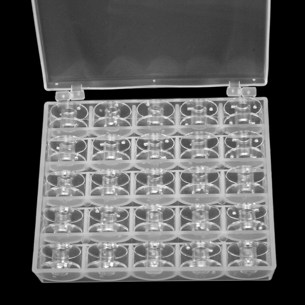 HASTHIP 25 Pcs Transparent Plastic Sewing Machine Bobbins with Case with Storage Box for Elna Machine Empty Bobbin