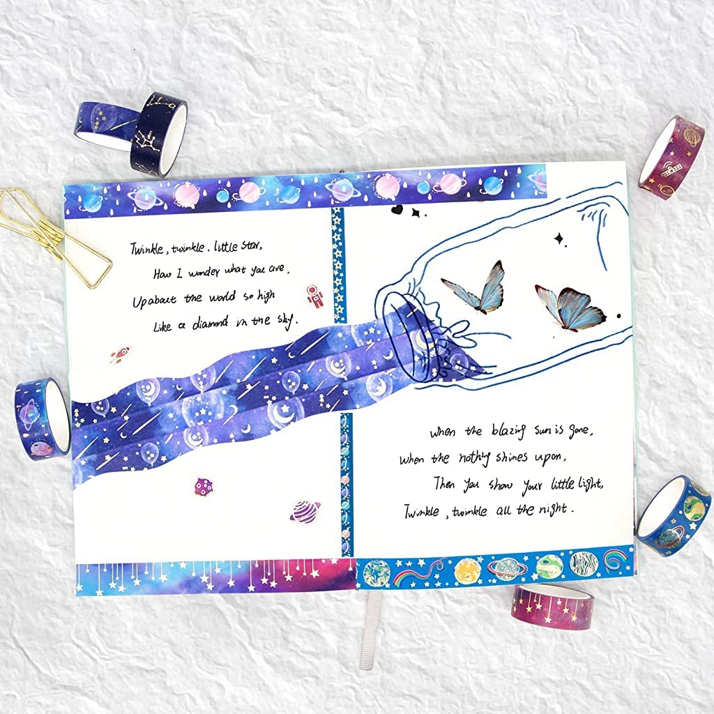 HASTHIP 19Rolls Washi Tape Set Gold Foil Galaxy Decorative Masking Tape Constellation, Stars, Celestial, Tape for Bullet Journal Supplies DIY Crafts Arts Scrapbooking Adhesive