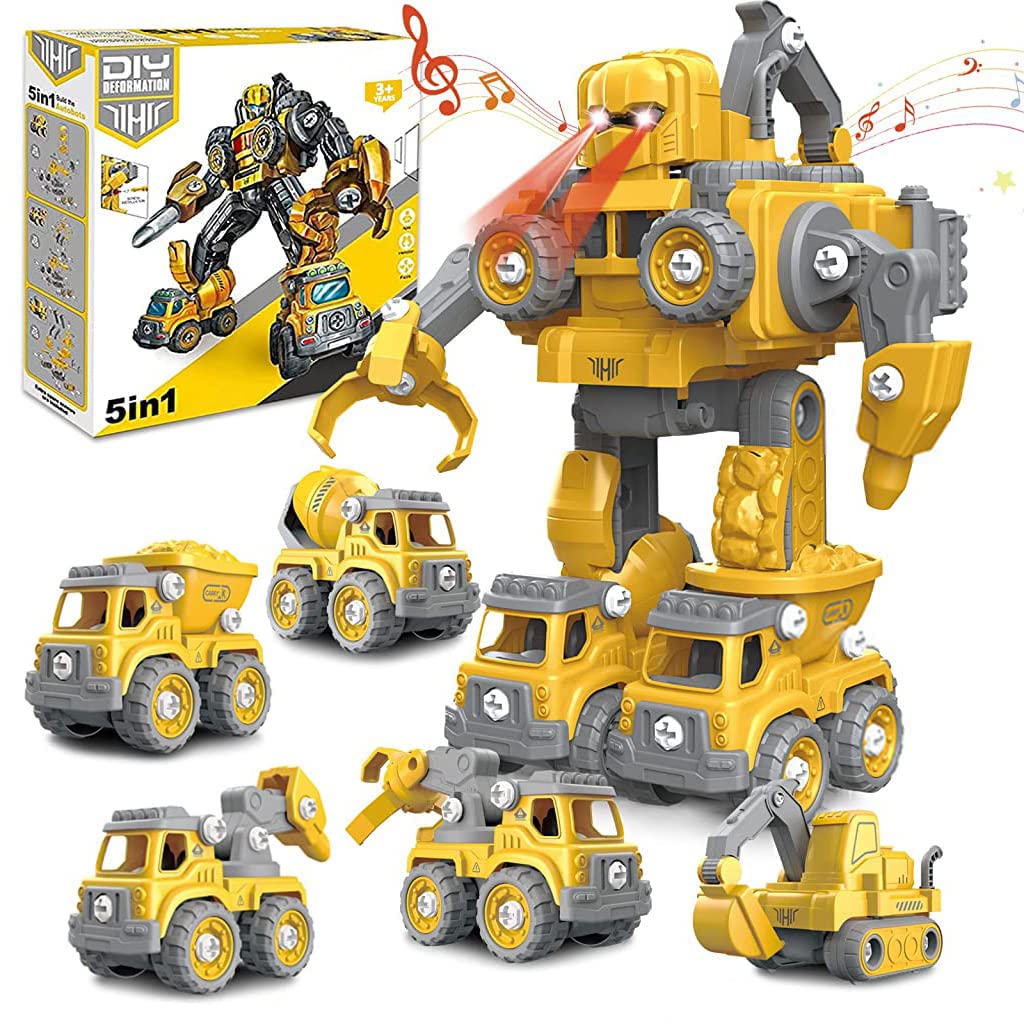 PATPAT Robot Car Transformers Toys for Kids 5 in 1 Transformer Car Toys with Sound Flash Light Assemble Engineering Truck Car Toy Pull Back Car Toys Christmas Birthday Gifts for Kids 3-12 Years Old