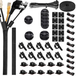 HASTHIP® 147pcs Cable Organizer Kit Cable Management Kit with 34 Self Adhesive Cable Clips, 2 Cable Sleeves, 10+1 Roll Cable Straps and 100 Fastening Cable Ties for TV Office Home Electronics