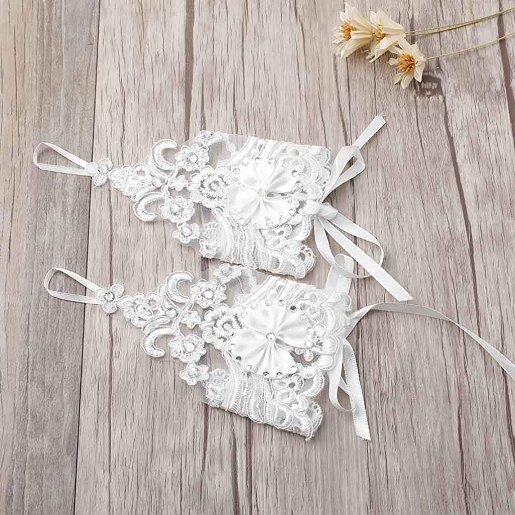 PALAY Bridal Gloves White for Wedding Lady Formal Banquet Party Bride Bowknot Rhinestone Pierced Lace Wedding