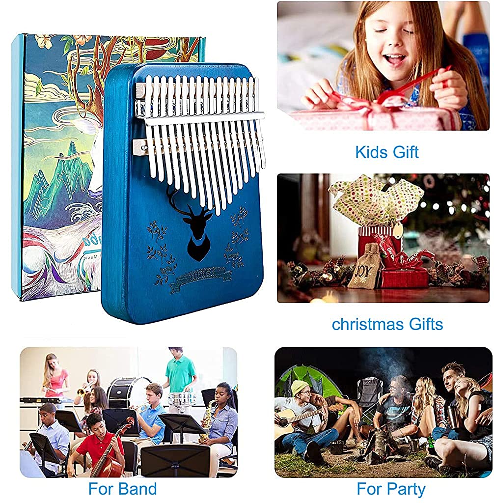 ELEPHANTBOAT  Blue Deer Kalimba, Mbira Thumb Piano Kalimba Musical Instrument with Learning Book, Tune Hammer,Cloth Bag, Sticker, Bilingual Instruction,Finger Covers,Christmas Gifts for Woman and Kids