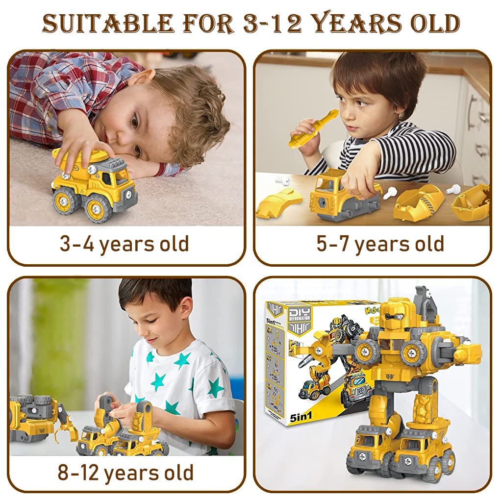 PATPAT Robot Car Transformers Toys for Kids 5 in 1 Transformer Car Toys with Sound Flash Light Assemble Engineering Truck Car Toy Pull Back Car Toys Christmas Birthday Gifts for Kids 3-12 Years Old