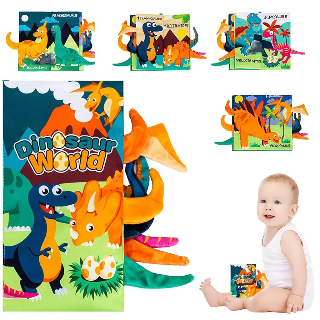 PATPAT Cloth Books for Babies, Cartoon Dinosaur Baby Cloth Book Newborn Baby Toys 3D Touch Feel Soft Books for Babies Early Learning Toy, Stroller Hanging Toy Sensory Toys for Babies 6-12 Months