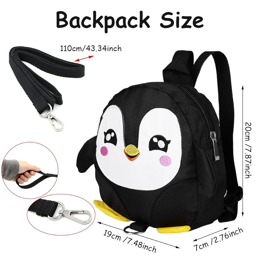 SNOWIE SOFT® Cute Toddler Backpack with Detachable Safety Leash Anti Lost Kids Travel Backpack for Toddlers Cartoon Penguin Backpack Toddler Backpack for Girls Boys (Black)