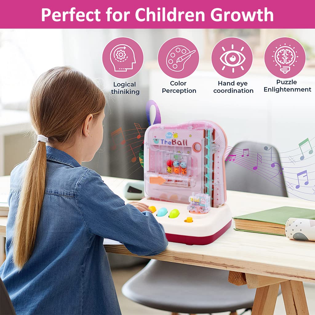 PATPAT Roll Ball Toy for Kids Early Learning & Educational Toys for Kids with 12 Puzzle Cards & 12 Balls STEM Toy for Kids Age 3 4 5 6 7 8 Montessori Preschool Sensory Toys Gift for Boys Girls - Pink