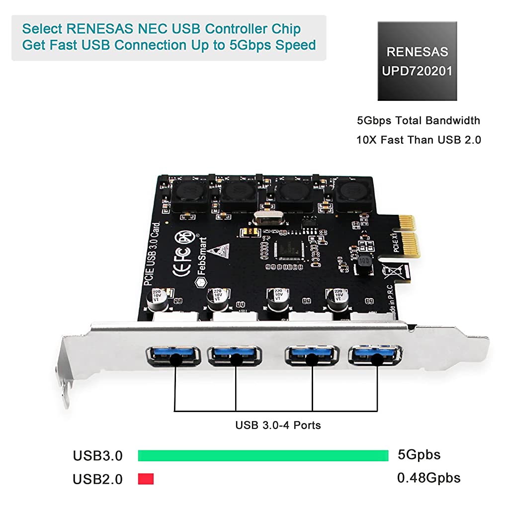 Verilux 4 Ports USB 3.0 HUB Super Fast 5Gbps PCI Express (PCIe) Expansion Card for Motherboard Windows Server, XP, 7, Vista, 8, 8.1, 10 PCs-Build in Self-Powered Technology-No Need Additional Power Supply