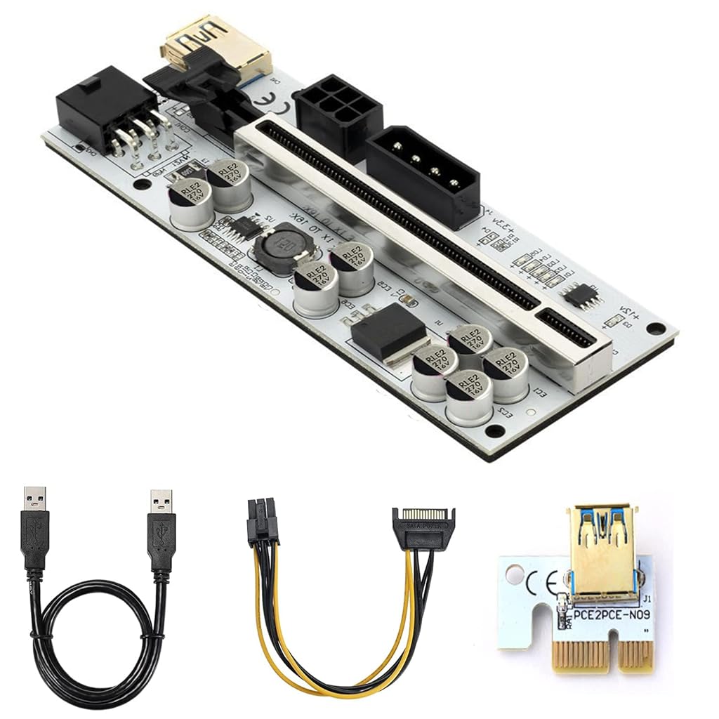 Verilux® VER010-X PCIE Riser, PCIE Cable 6 Pin 1X to 16X Powered 8 Capacitors Pcie Riser Adapter Card & USB 3.0 Extension Cable GPU Riser Adapter-Mining Bitcoin, Ethereum ETH Zcash ZEC Monero XMR