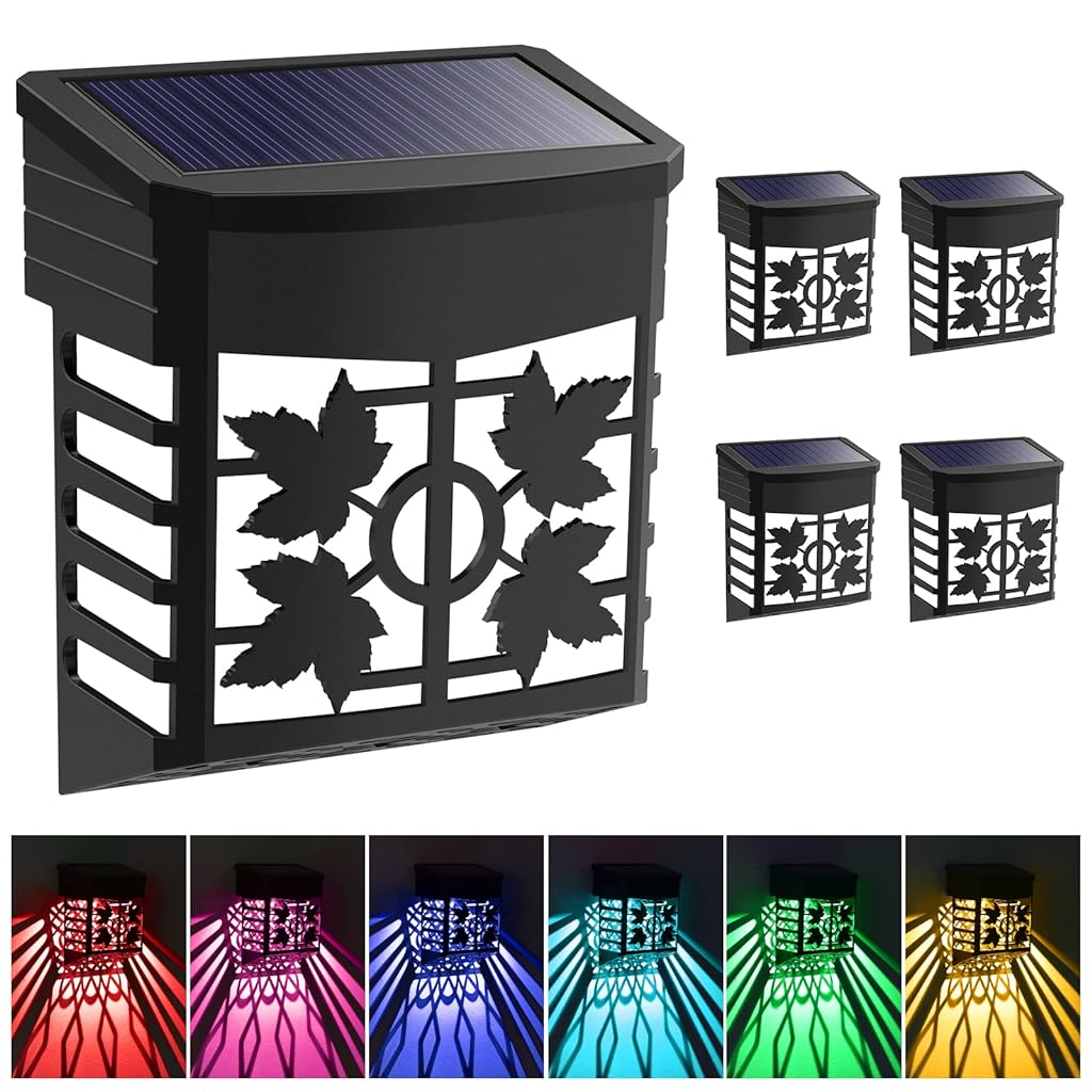 ELEPHANTBOAT 4 Pack Wall Mounted Solar Lamp 9 Color Wall Lamp with 4 Lighting Modes Solar Fence Lights IP65 Garden Light for Decoration Creative Hollow Lampshade Solar Lamp for Garden, Porch, Balcony