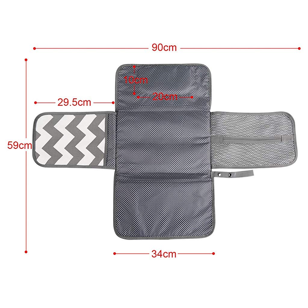 SNOWIE SOFT Baby Changing Mat, Waterproof Changing Pad with Head Cushion & Organizer Pockets, Diaper Changing Station, Foldable Baby Massage Mat for Home Travel Outside (Grey)