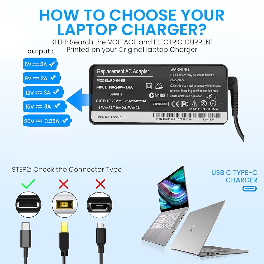 ZORBES® Lenovo Laptop Charger 65W Charger Type C, Lenovo Thinkpad Charger Type C, Universal Chromebook Charger Replacement for Lenovo Thinkpad/Yoga, Dell Chromebook 3100, Asus,