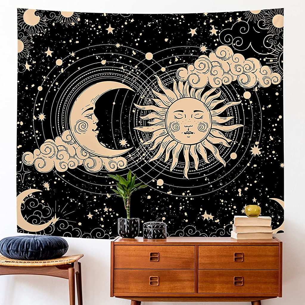 HASTHIP Sun and Moon Tapestry Aesthetic Sun Moon Tapestry Black Dark Spiritual Tapestries Wall Hanging Room Decor for Bedroom Livingroom (51 x59 , Moon and Sun)