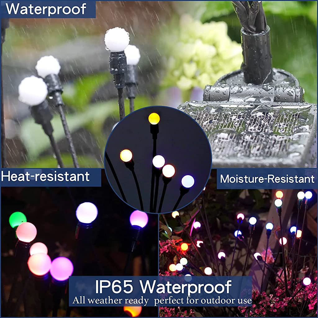 ELEPHANTBOAT Outdoor Solar Garden Lights 2 Pack Solar Powered 7 Color Changing RGB Lights with 12 Glowworm Lamp Swaying When Wind Blows Decorative Starburst Swaying Lights for Garden Patio Backyard