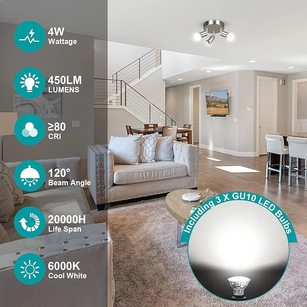 Verilux 12W Rotatable LED Ceiling Spot Lights, 3 Way Rotatable Round Plate Track Light, Adjustable Focus Light for Kitchen, Living Room, Bedroom, Include 3 GU10 Bulbs(White Light)