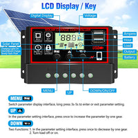 Verilux  10A Solar Charge Controller, Black Solar Panel Battery Smart Regulator, Dual USB Ports 12V/24V PWM Automatic Paremeter Adjustable LCD Display