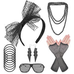 PALAY 80s Fancy Dressing Set, Theme Party 80s Costume Accessories for Women, Last Century Lace Headband Fishnet Gloves Earrings Necklace Neon Bracelet Set for Retro Dress Disco Party (Black)