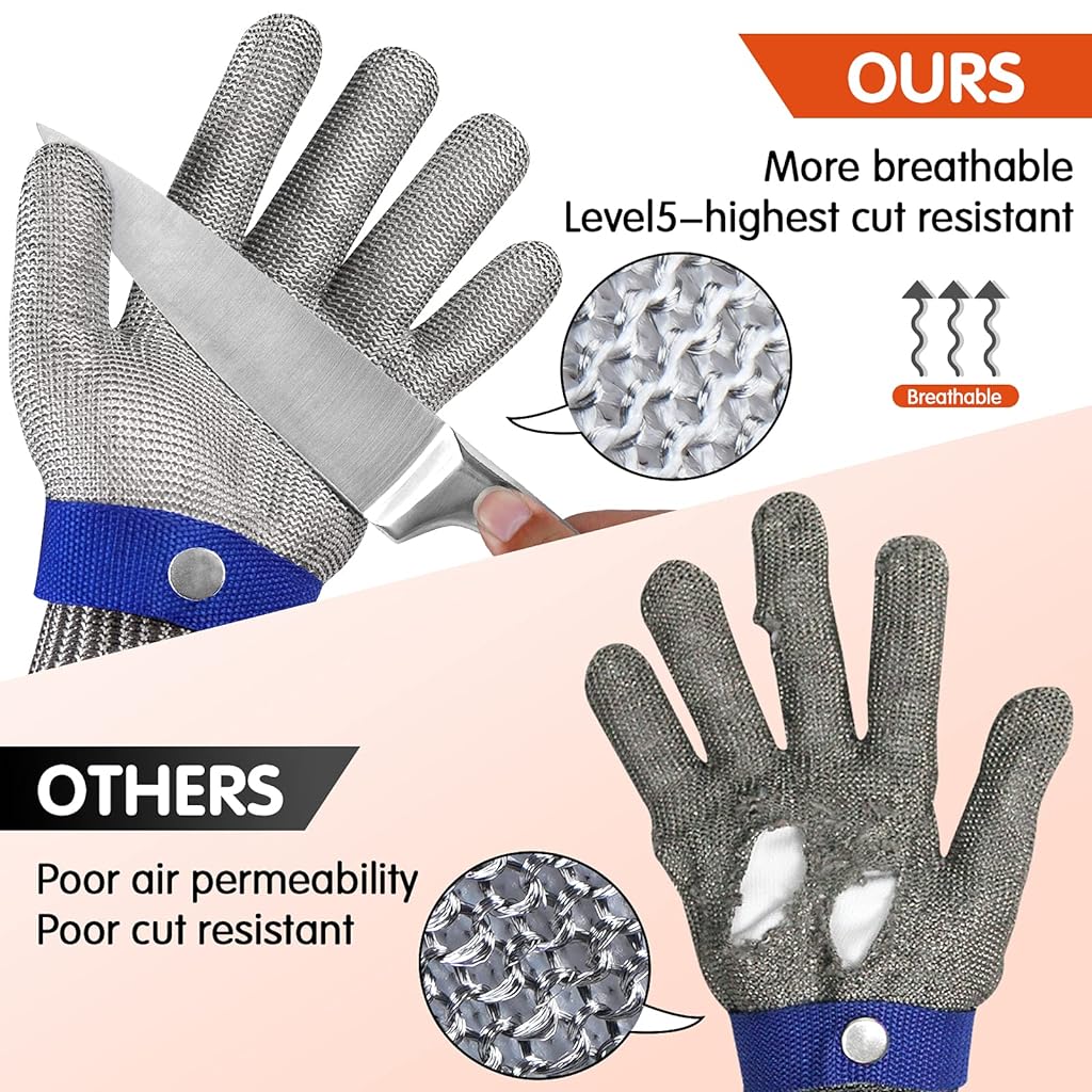 ZIBUYU Safe Stainless Steel Mesh Glove Ambidextrous Stainless Steel Mesh Glove Puncture Proof Safety Glove for Fish Handling, Meat Processing, Metalworking, Gardening, One Glove Included