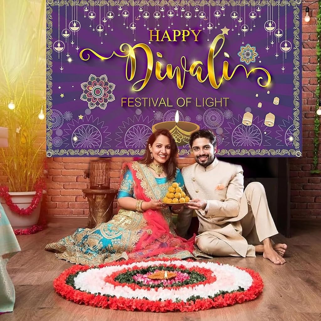 HASTHIP® Diwali Party Decorations, Happy Diwali Party Backdrop Lights Rangoli Lantern Photography Deepavali Banner Background for Home Indian Festival of Lights Party Decor Supplies, 70.8 x 43.3 in