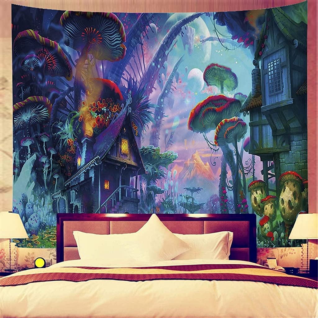 HASTHIP  Sunset Wall Tapestry Forest Tree Tapestry Mountain Wall Hanging Psychedelic Nature Landscape Tapestry Home Decoration for Bedroom Living Room (51 X59 ) (Aqua 3)