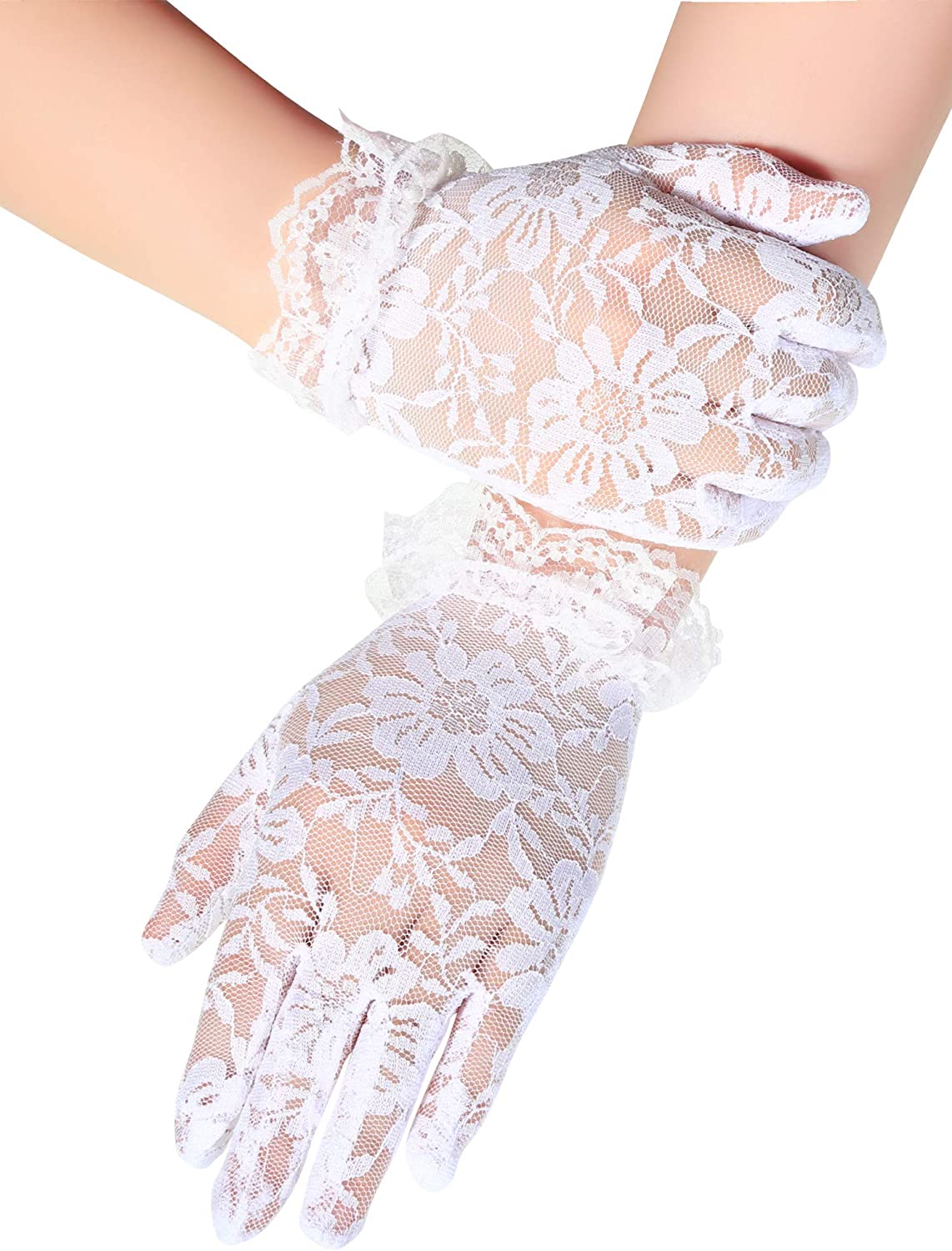 ZIBUYU  Lace Gloves for Bride Marriage Dress Gathered Rhinestone Lace Sequins Satin Bridal Party Wedding(white)