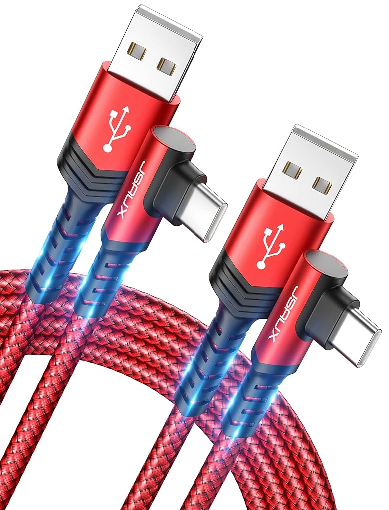 JSAUX® 2-Pack Usb To Type C Cable, 62W 3.1A Right Angle Braided Data Sync&Fast Charging Cable, 480Mbps Compatible With Samsung Phone, Ps5 Controller & More C Type Devices (6.6Ft+6.6Ft), Red