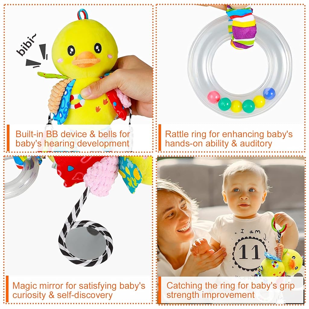 SNOWIE SOFT® Baby Car Toys Stroller Plush Toy Yellow Duck Stuffed Hanging Rattle Toys Newborn Crib Bed Around Toy with Teether Rattle Sound for 0-3 Years Old