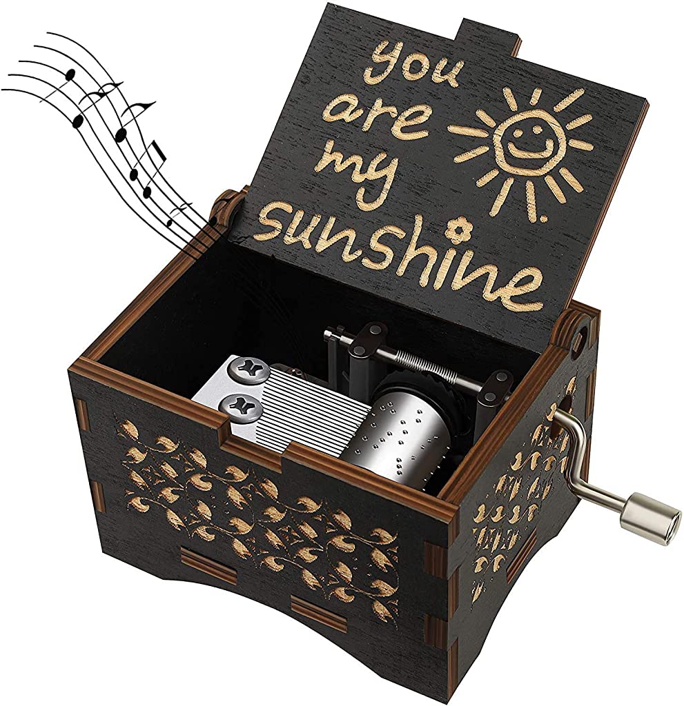 PATPAT  You are My Sunshine Wood Music Boxes,Laser Engraved Vintage Wooden Sunshine Musical Box,Wooden Classic Music Box Crafts with Hand Crank (Wooden-Black)