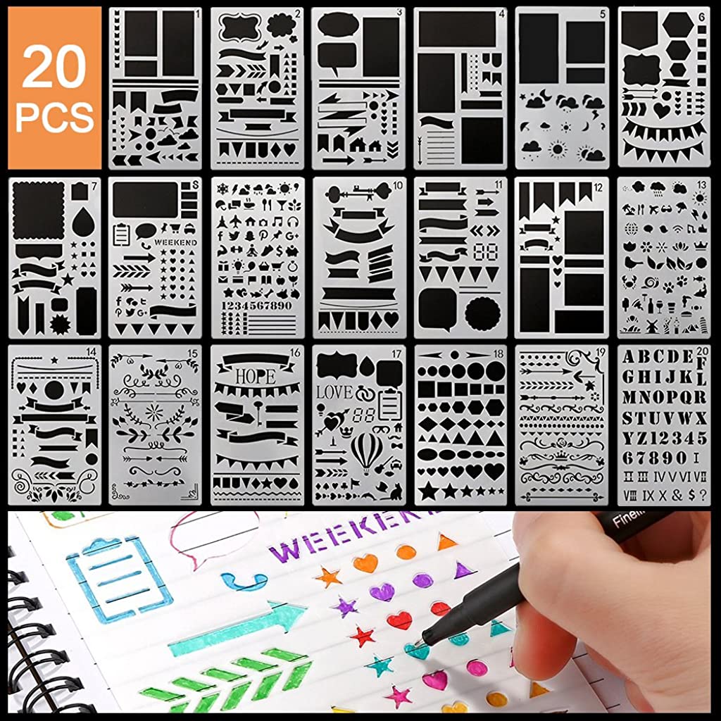 HASTHIP 20 PCS Journal Stencil Plastic Planner Set for Journal, Notebook, Diary, Scrapbook, DIY Drawing Template, Journal Stencils 4x7 Inch