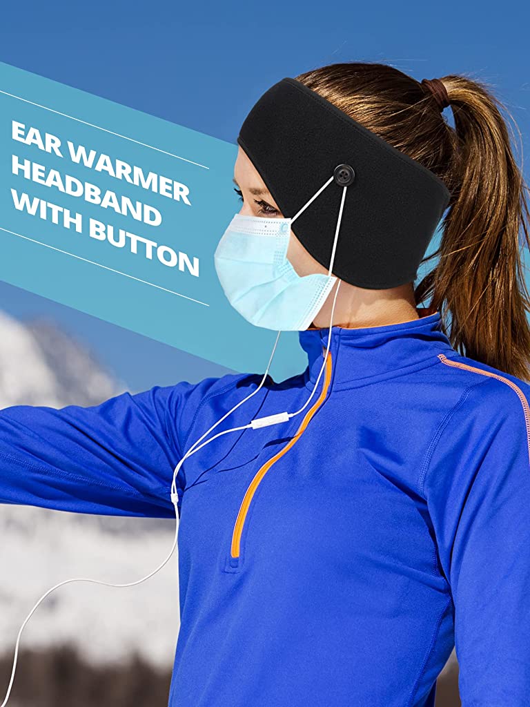 ZIBUYU 2 Pieces Button Headband Winter Fleece Ear Warmer Thermal Headband Ear Warmers Muff with Button for Men Women Winter Running Cycling Skiing