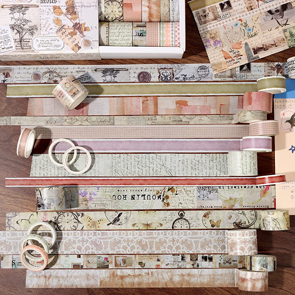 HASTHIP 20 Rolls Vintage Washi Tapes for Journal, Retro Aesthetic Masking Washi Tape Set for Decorative Scrapbook Supplies, Bullet Journal, DIY Decor and Craft Supplies