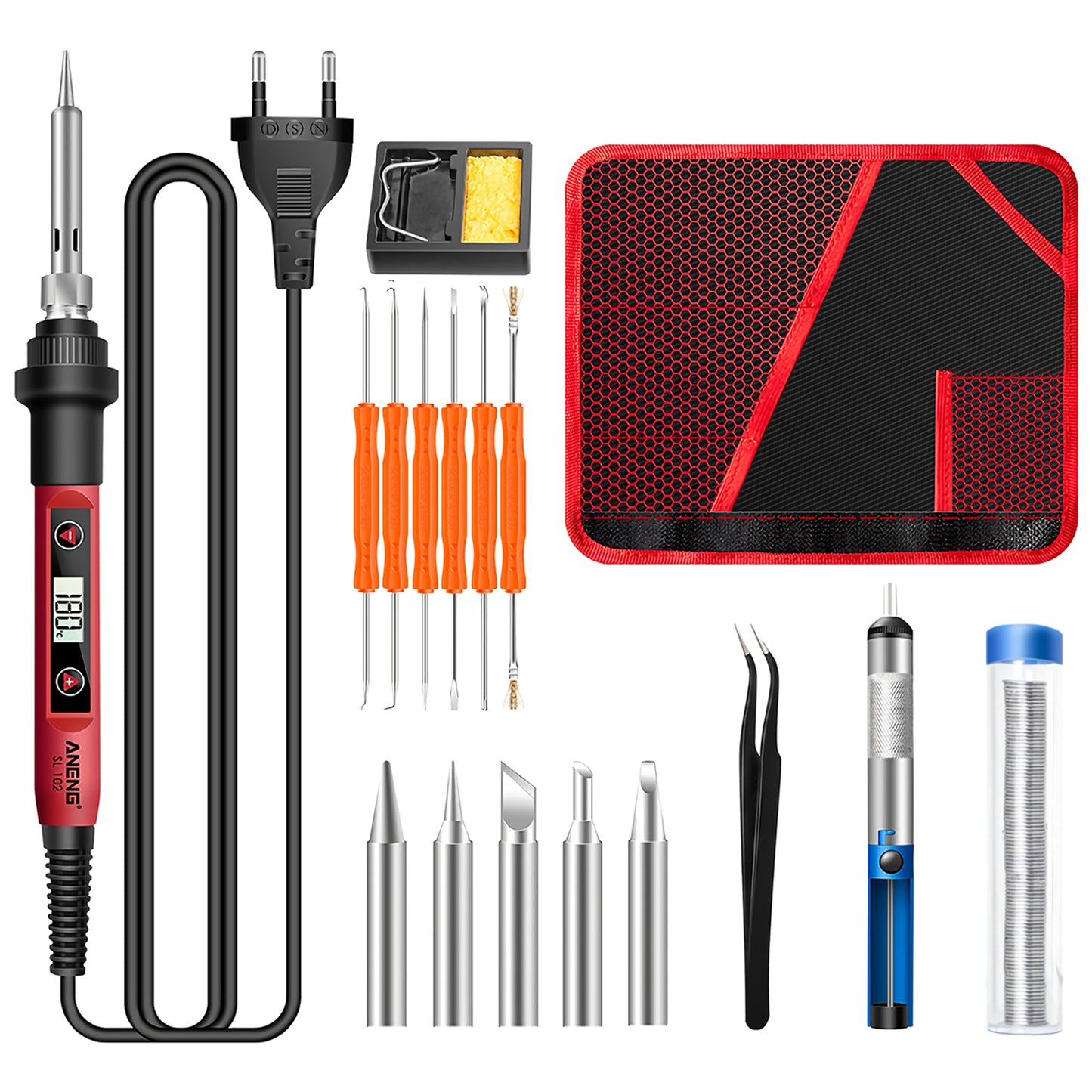 Serplex  Soldering Iron Kit Set 60 Watt 220V Soldering Machine Temperature Adjustable 17Pcs Soldering Iron Bit Set with LCD Display Electric Soldering Iron with Stand Holder Rolled Up Storage 5 Tips