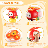 PATPAT Suction Toys for Baby, 3 in 1 Baby High Chair Toys with Detachable Suction Cup Toys Baby Rattle Sensory Car Toys for Early Development, Spinning Pop Toys Gifts for Newborn Kids - Red