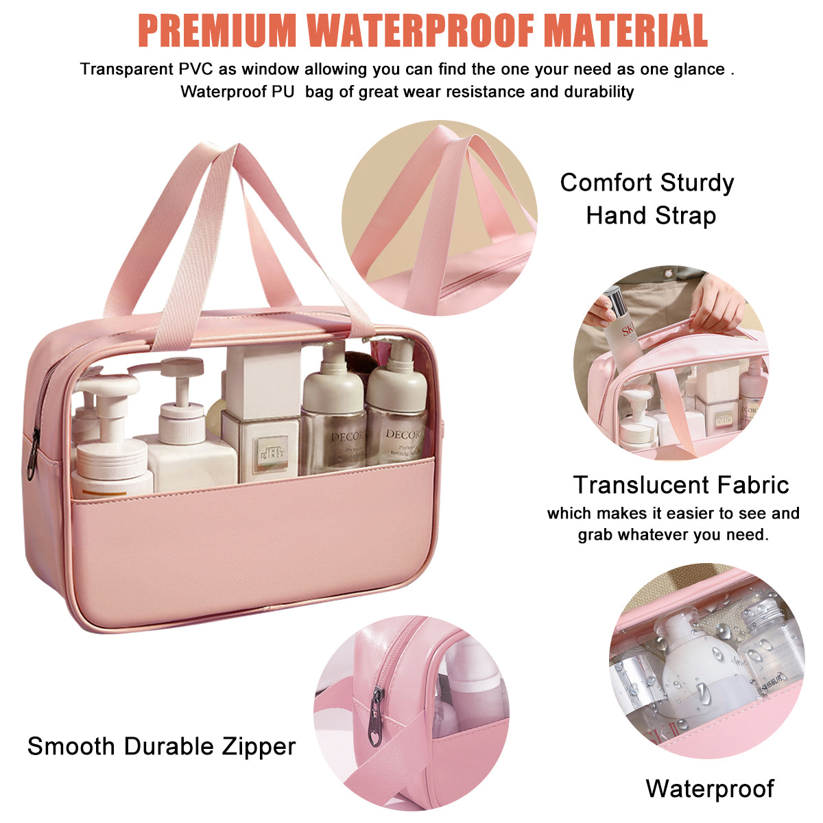 MAYCREATE 3 Pcs Clear Makeup Pouch Set Cosmetic Organizer Bag for Women and Girls Travel Waterproof Toiletry Storage Kit for Home Travel Use (Rose Pink)