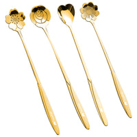 HASTHIP  Golden Spoon Set/Coffee Spoon/Dessert Spoon/Cutlery Kitchen Tableware/Stainless Steel Gold Flower Shape Coffee Spoon with Package Bag, 18cm, 4 Pcs Different Coffee Spoon