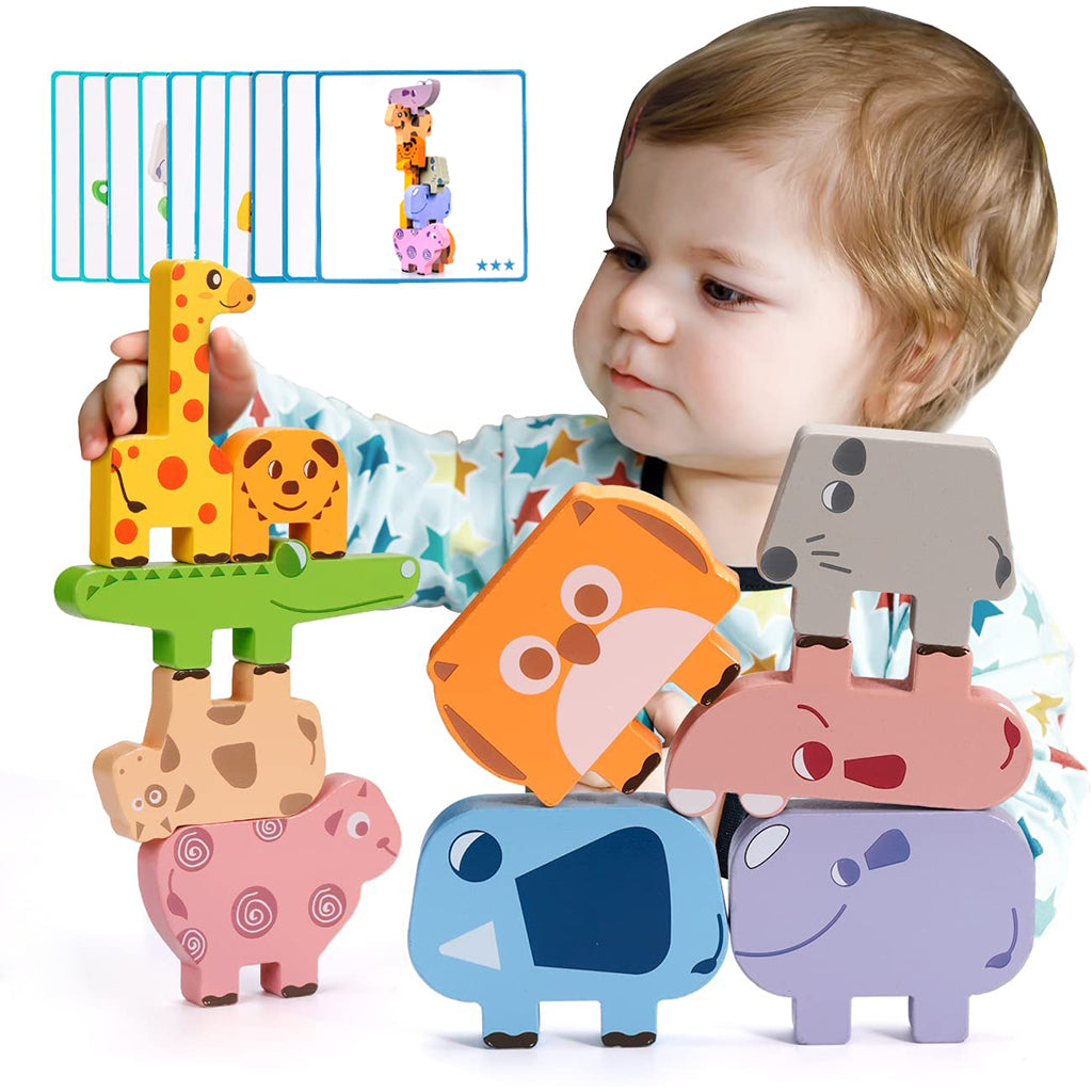 PATPAT 10 PCS Animal Wooden Blocks Stacking Toys for Kids, Animal Balance Game Wooden Puzzle for Toddler, Fine Motor Skill Educational Toys for 2 3 4 5 Year Old Girls Boys