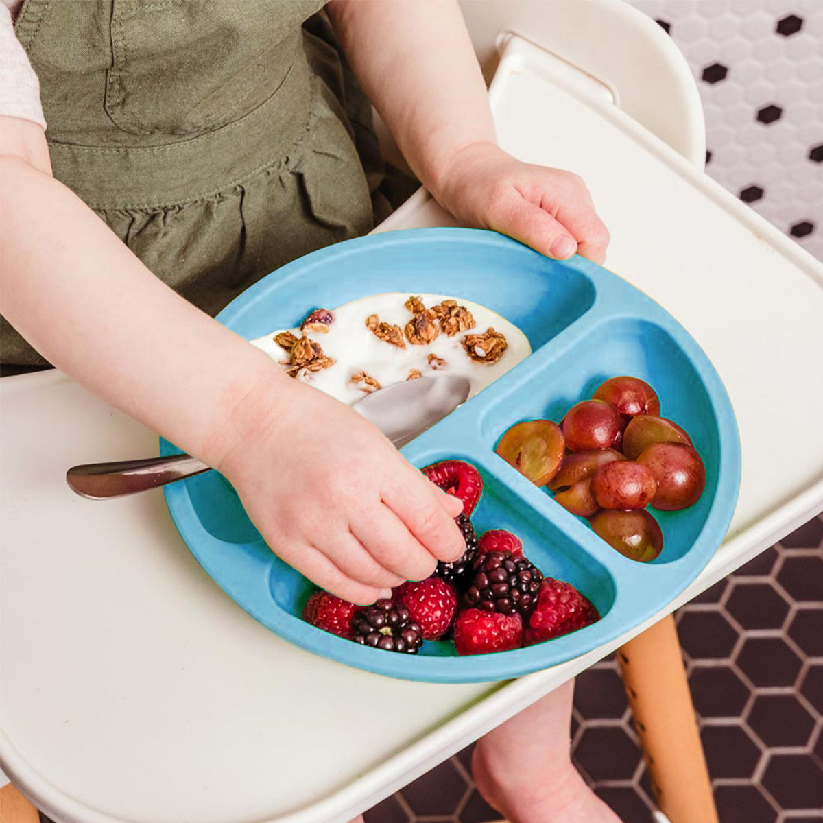 SNOWIE SOFT Baby Suction Plates for Baby Feeding with 4 Strong Suction Cups, Silicone Toddler Plates with Deep Divided for Kids to Feed Themselves, Dish Washer & Micro-Wave Oven Safe (Blue)