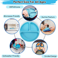 SNOWIE SOFT Baby Suction Plates for Baby Feeding with 4 Strong Suction Cups, Silicone Toddler Plates with Deep Divided for Kids to Feed Themselves, Dish Washer & Micro-Wave Oven Safe (Blue)