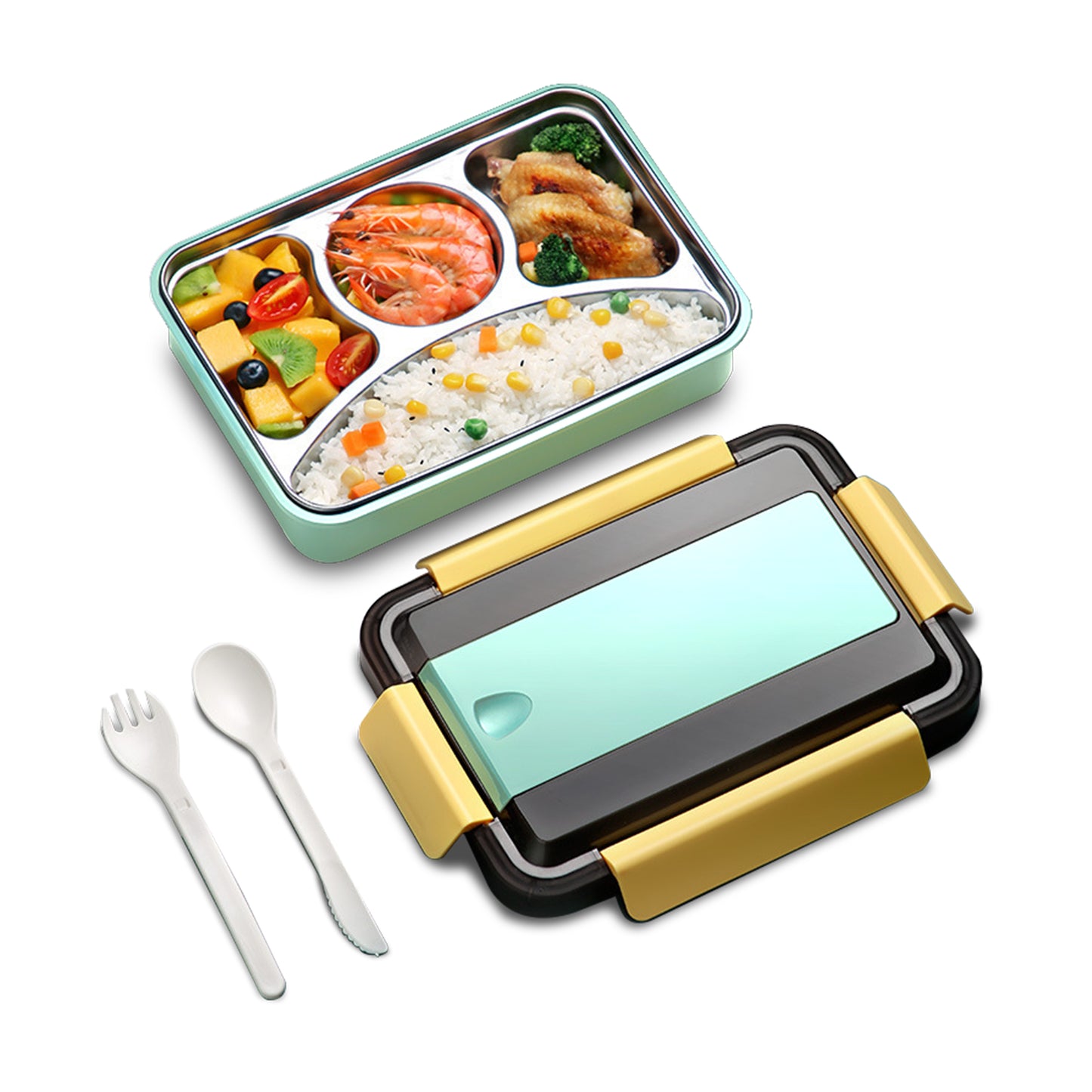 HASTHIP Lunch Box with Spoon Fork for Men Women Kids, 1000ml Stainless Steel Leakproof Bento Box with 4 Separate Compartments for School Office Camping (Light Green)