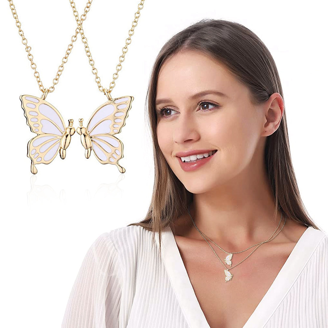 ZIBUYU  Butterfly Necklace Alloy Friendship Necklace for Girls Women Necklace Girlfriend Love Sisters Necklace Gift,One Pair(Golden)